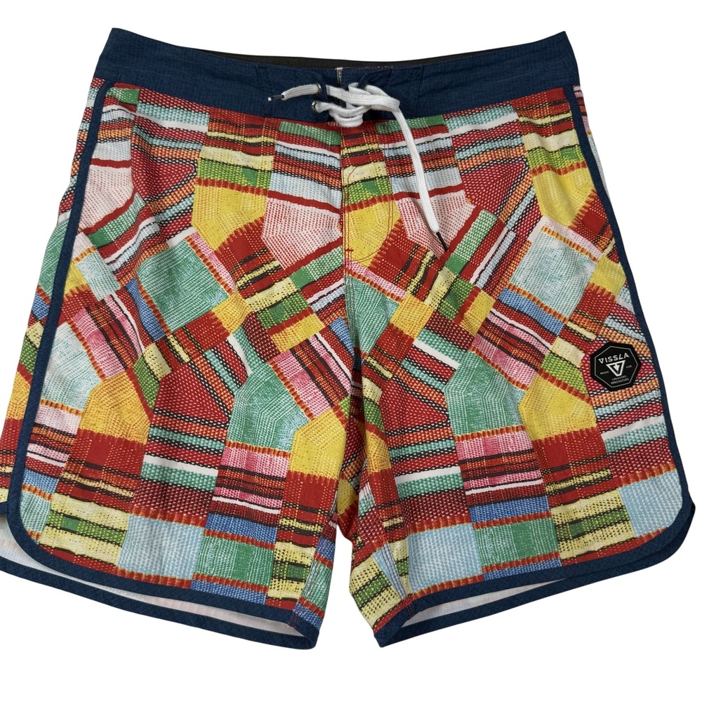 Vissla Board Shorts Size 33 Multi Color Patchwork Coconut Stretch Surf Trunks